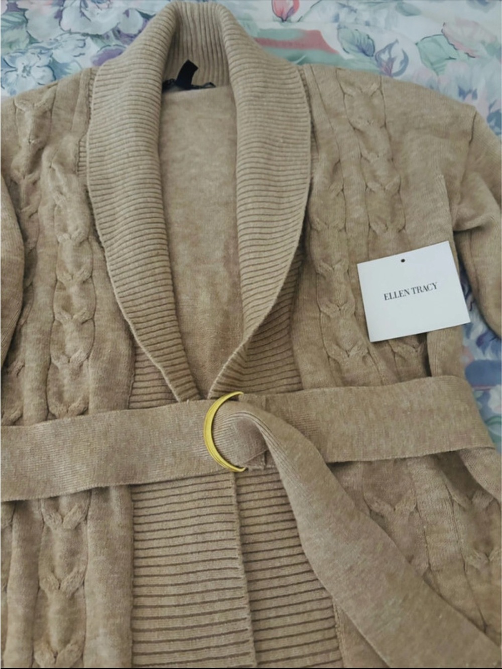 Ellen Tracy Tan Shawl Collar Cable Knit Belted Cardigan with Gold Buckle